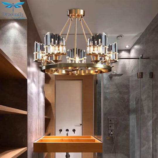 5 Heads Circular Hanging Ceiling Light Modern Gold Tri - Sided Crystal Rod Pendant Chandelier