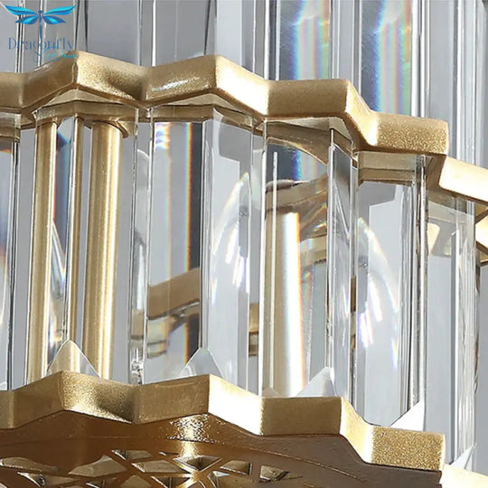 5 Heads Circular Hanging Ceiling Light Modern Gold Tri - Sided Crystal Rod Pendant Chandelier