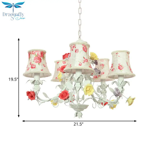 5 Heads Floral Print Fabric Chandelier Countryside White - Red Flared Living Room Hanging Pendant