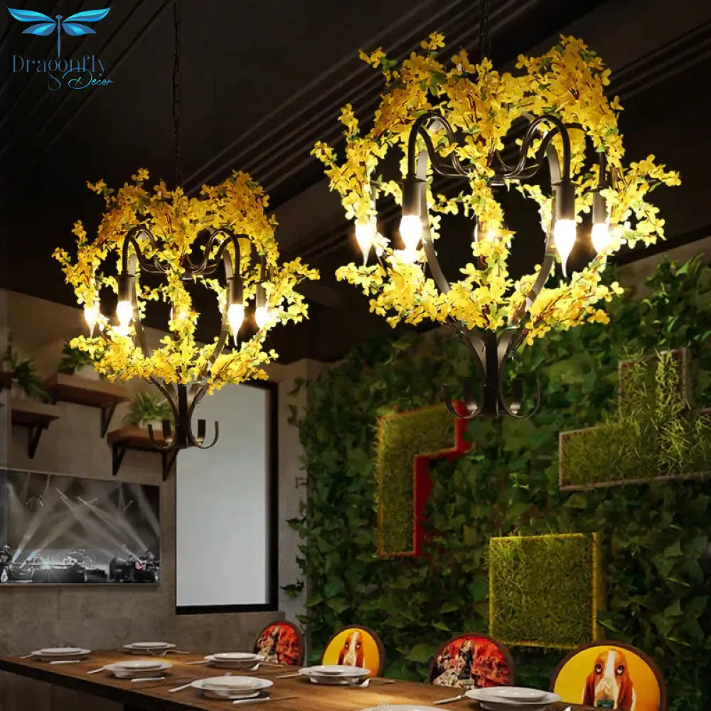 5 Heads Iron Pendant Chandelier Traditional Black Flower Basket Restaurant Suspension Ceiling Light