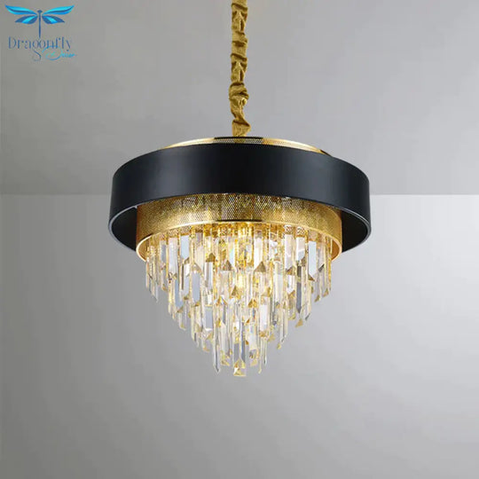 5 Heads Taper Ceiling Chandelier Traditional Black/White Finish Clear Crystal Prisms Pendant With