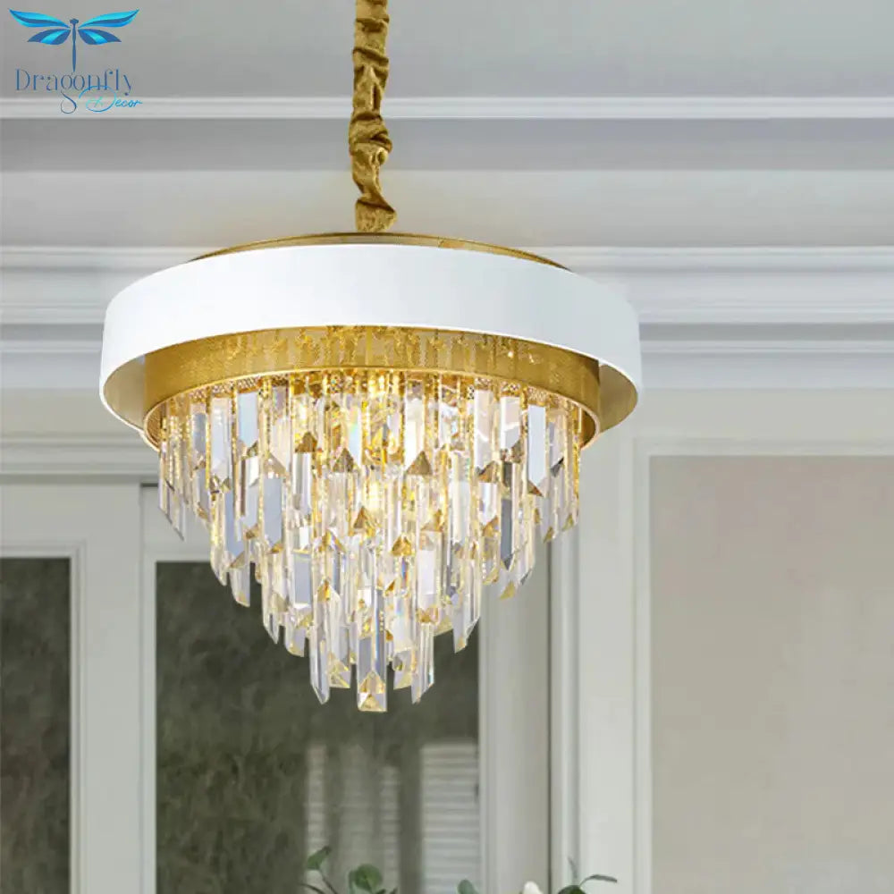 5 Heads Taper Ceiling Chandelier Traditional Black/White Finish Clear Crystal Prisms Pendant With