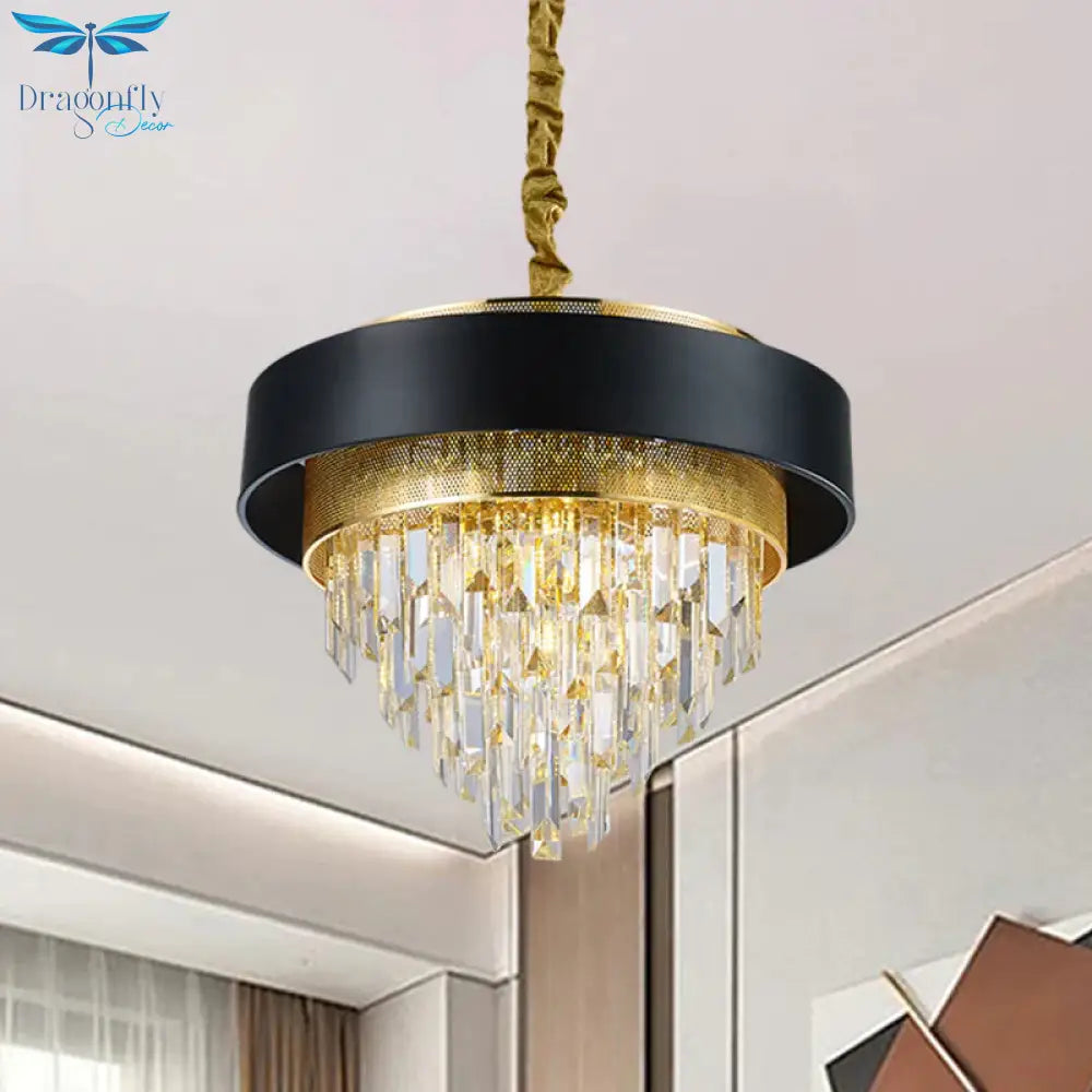 5 Heads Taper Ceiling Chandelier Traditional Black/White Finish Clear Crystal Prisms Pendant With