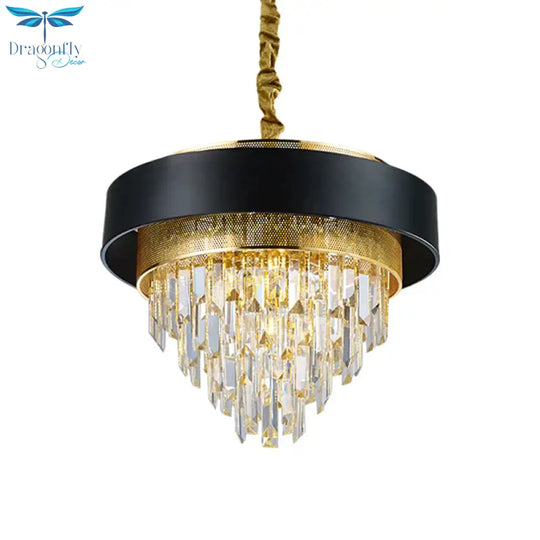 5 Heads Taper Ceiling Chandelier Traditional Black/White Finish Clear Crystal Prisms Pendant With