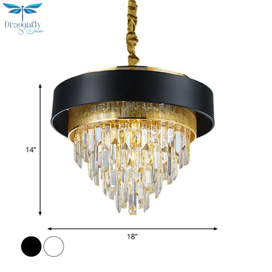 5 Heads Taper Ceiling Chandelier Traditional Black/White Finish Clear Crystal Prisms Pendant With
