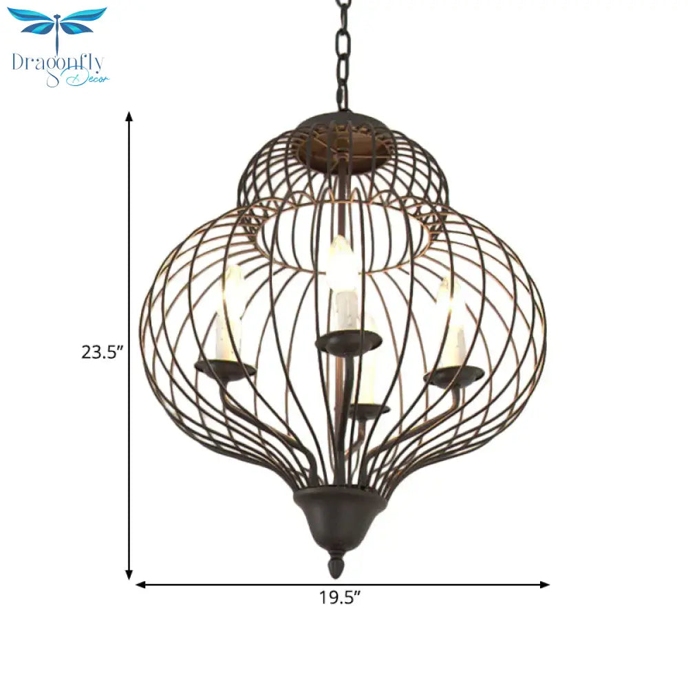 5 - Light Gourd Shape Chandelier Pendant Traditional Black Iron Ceiling Light Fixture