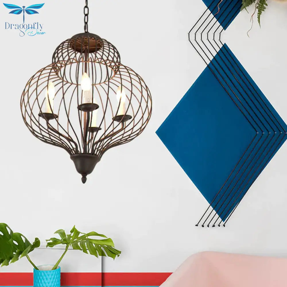 5 - Light Gourd Shape Chandelier Pendant Traditional Black Iron Ceiling Light Fixture