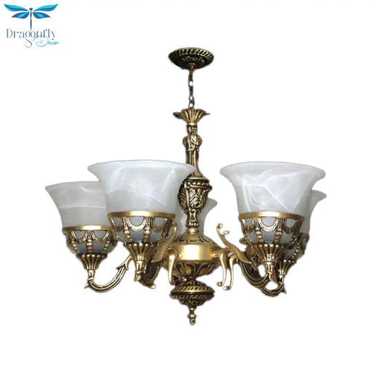 5 Lights Bell Up Chandelier Traditional Bronze Alabaster Glass Hanging Lamp For Dining Room