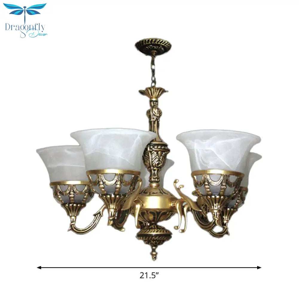 5 Lights Bell Up Chandelier Traditional Bronze Alabaster Glass Hanging Lamp For Dining Room