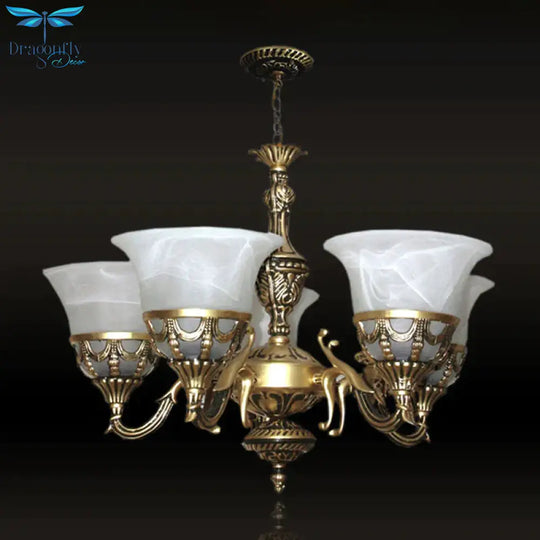 5 Lights Bell Up Chandelier Traditional Bronze Alabaster Glass Hanging Lamp For Dining Room