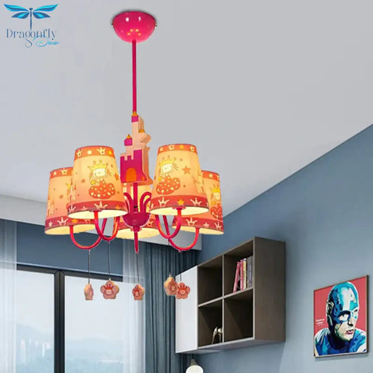5 Lights Castle Chandelier With Princess Kids Metal Hanging Light In Pink For Girls Bedroom