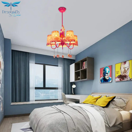 5 Lights Castle Chandelier With Princess Kids Metal Hanging Light In Pink For Girls Bedroom