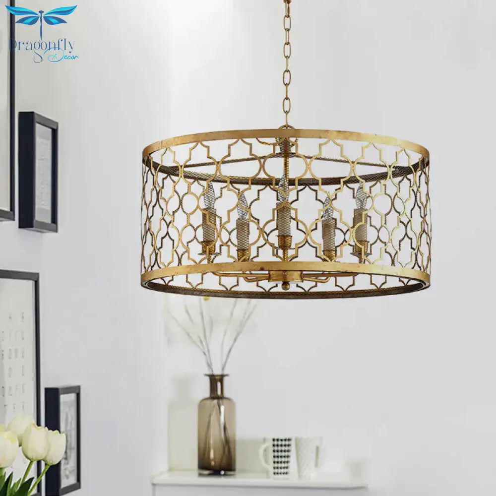 5 Lights Ceiling Suspension Lamp Country Drum Metal Chandelier Lighting In Gold With Living Room