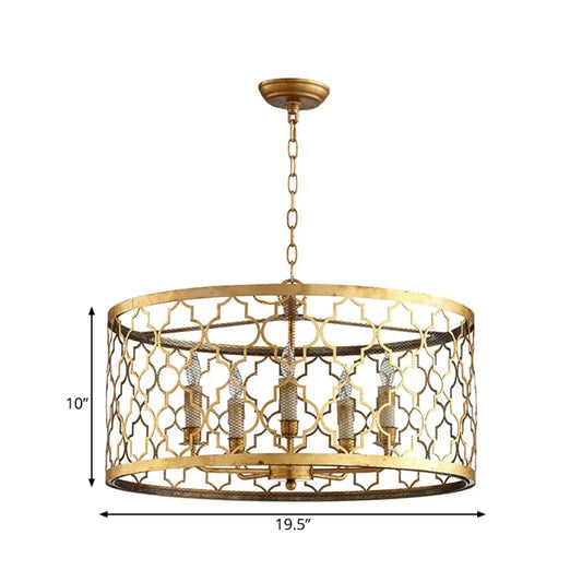 5 Lights Ceiling Suspension Lamp Country Drum Metal Chandelier Lighting In Gold With Living Room