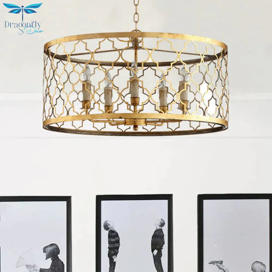 5 Lights Ceiling Suspension Lamp Country Drum Metal Chandelier Lighting In Gold With Living Room