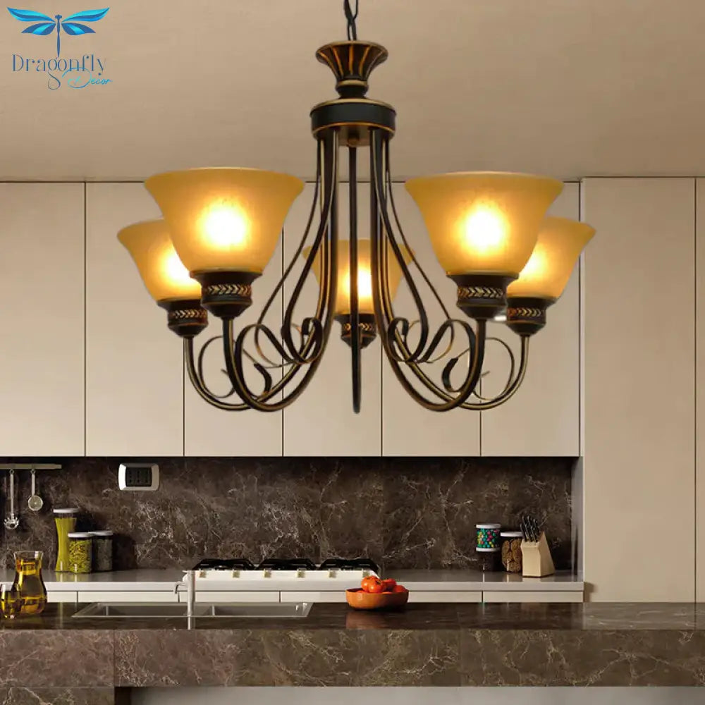 5 Lights Chandelier Light With Bell Shade Beige Frosted Glass Classic Bedroom Ceiling Lamp In Black