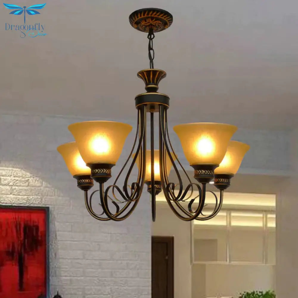 5 Lights Chandelier Light With Bell Shade Beige Frosted Glass Classic Bedroom Ceiling Lamp In Black