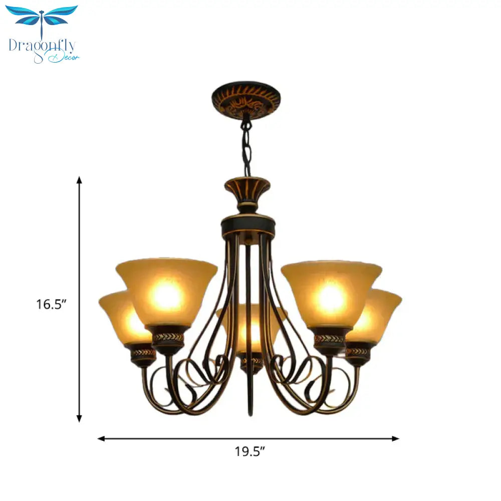 5 Lights Chandelier Light With Bell Shade Beige Frosted Glass Classic Bedroom Ceiling Lamp In Black
