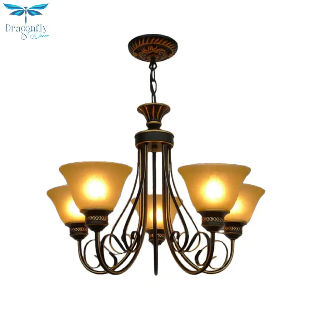 5 Lights Chandelier Light With Bell Shade Beige Frosted Glass Classic Bedroom Ceiling Lamp In Black