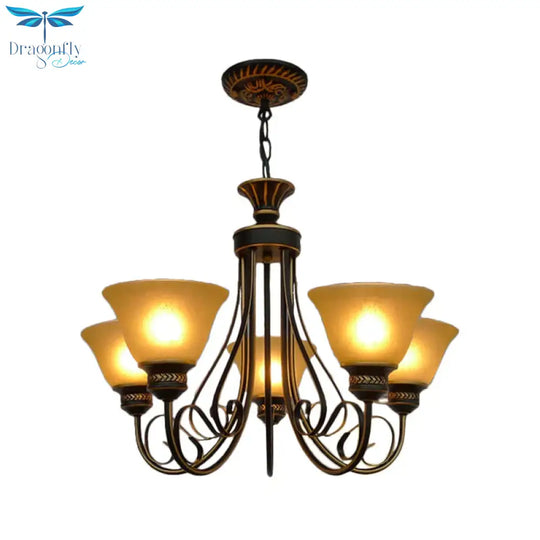 5 Lights Chandelier Light With Bell Shade Beige Frosted Glass Classic Bedroom Ceiling Lamp In Black