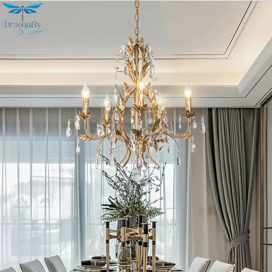5 Lights Chandelier Rural Candelabra Crystal Pendant Light Fixture In Gold For Living Room