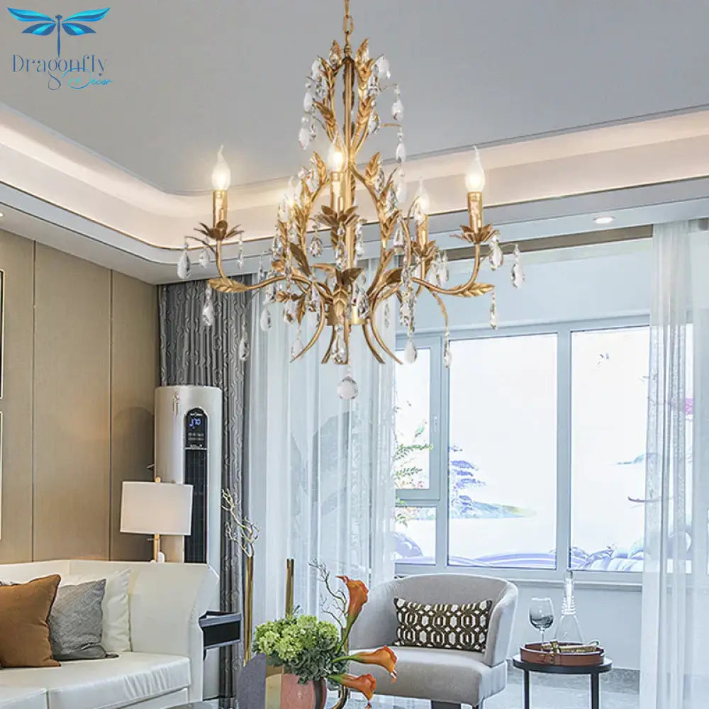 5 Lights Chandelier Rural Candelabra Crystal Pendant Light Fixture In Gold For Living Room