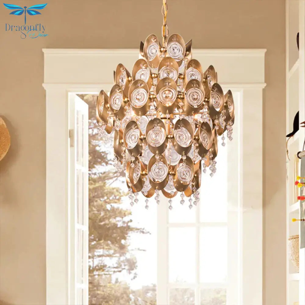 5 Lights Chandelier Traditional - Style Round Crystal Hanging Pendant Light In Gold