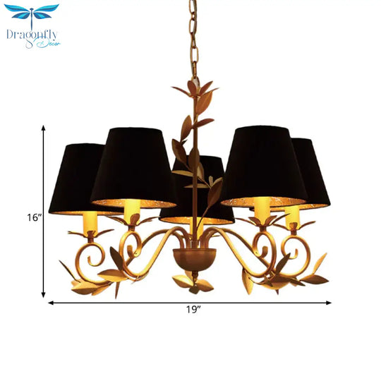5 Lights Cone Pendant Lighting Vintage Black Fabric Hanging Chandelier For Dining Room