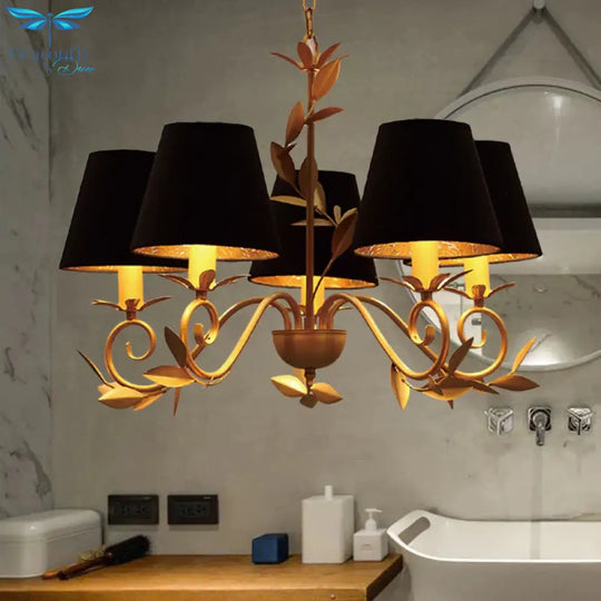 5 Lights Cone Pendant Lighting Vintage Black Fabric Hanging Chandelier For Dining Room
