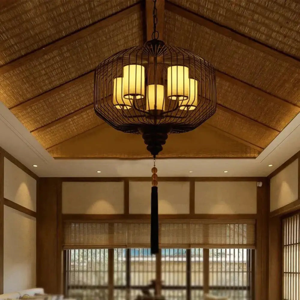 5 Lights Dining Room Hanging Chandelier Classic Black Pendant Light With Cylinder Fabric Shade