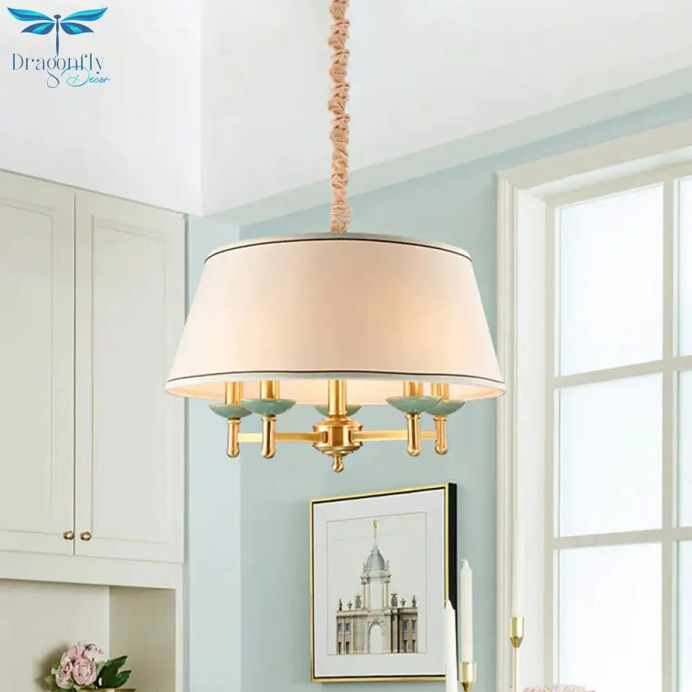5 Lights Fabric Chandelier Light Fixture Classic White Drum Shade Dining Room Hanging Lamp Kit