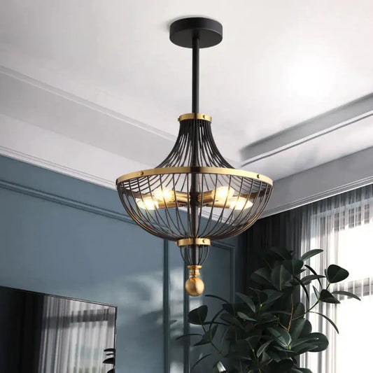 5 Lights Iron Ceiling Basket Cage Chandelier In Vintage Black Finish