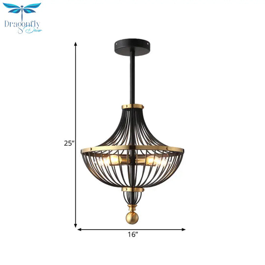 5 Lights Iron Ceiling Basket Cage Chandelier In Vintage Black Finish