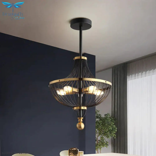 5 Lights Iron Ceiling Basket Cage Chandelier In Vintage Black Finish