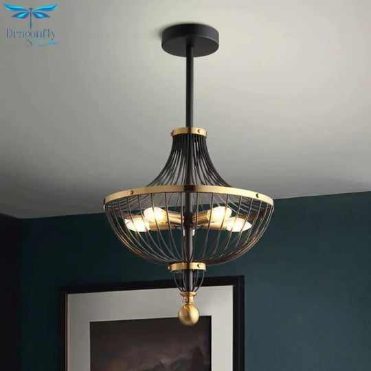 5 Lights Iron Ceiling Basket Cage Chandelier In Vintage Black Finish