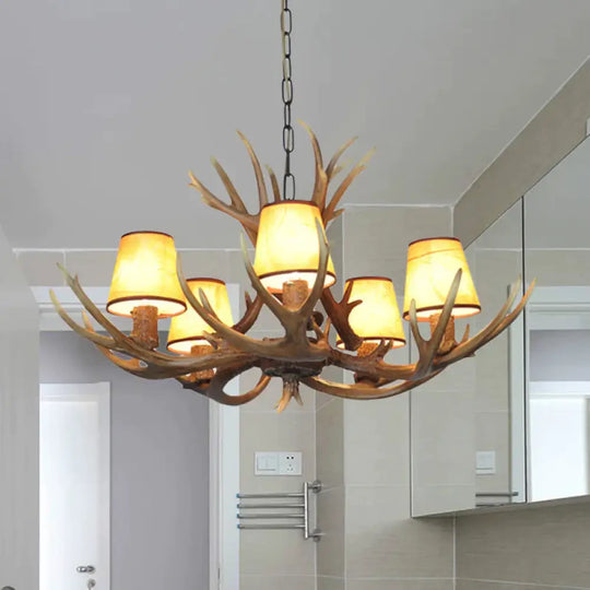 5 Lights Resin Chandelier Lamp Classic White/Brown And Yellow Antler Dining Room Hanging Ceiling
