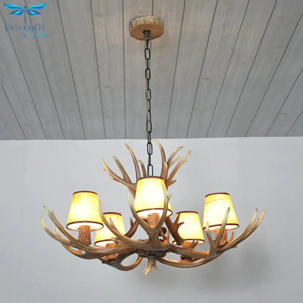 5 Lights Resin Chandelier Lamp Classic White/Brown And Yellow Antler Dining Room Hanging Ceiling