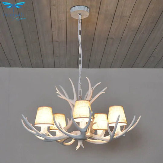 5 Lights Resin Chandelier Lamp Classic White/Brown And Yellow Antler Dining Room Hanging Ceiling