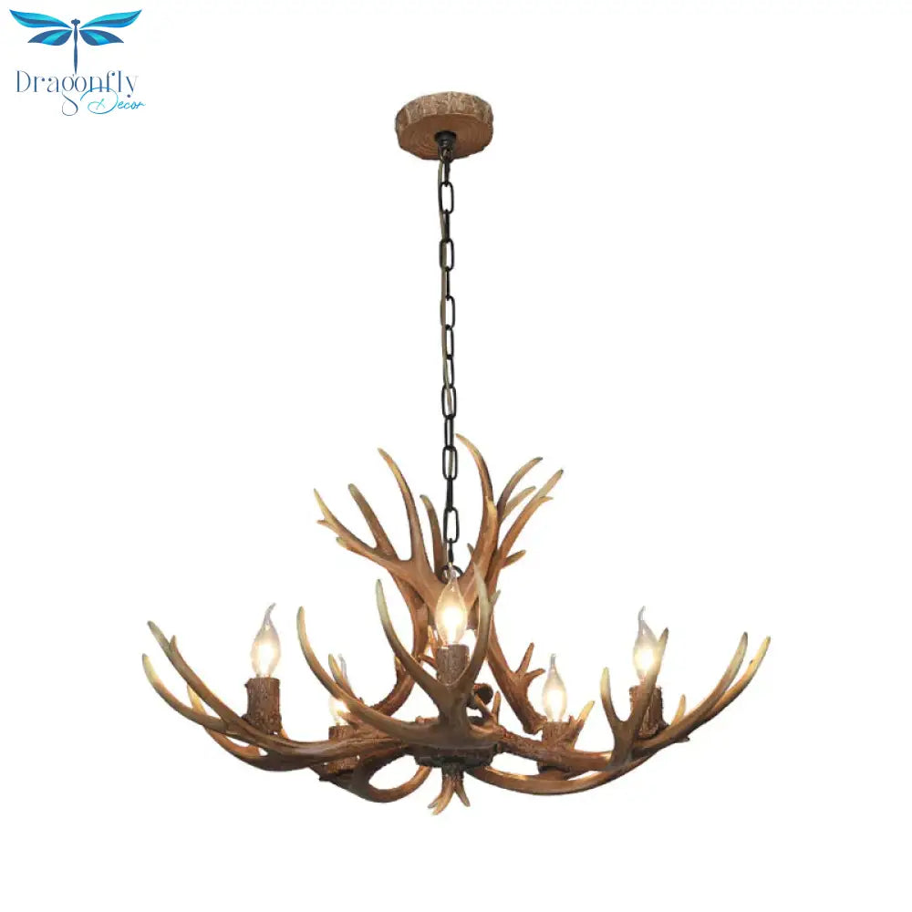 5 Lights Resin Chandelier Lamp Classic White/Brown And Yellow Antler Dining Room Hanging Ceiling