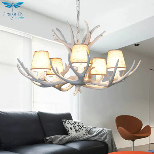 5 Lights Resin Chandelier Lamp Classic White/Brown And Yellow Antler Dining Room Hanging Ceiling