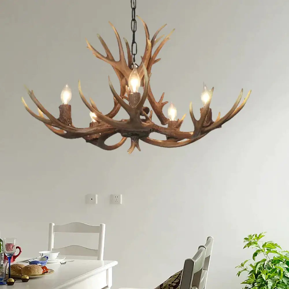 5 Lights Resin Chandelier Lamp Classic White/Brown And Yellow Antler Dining Room Hanging Ceiling