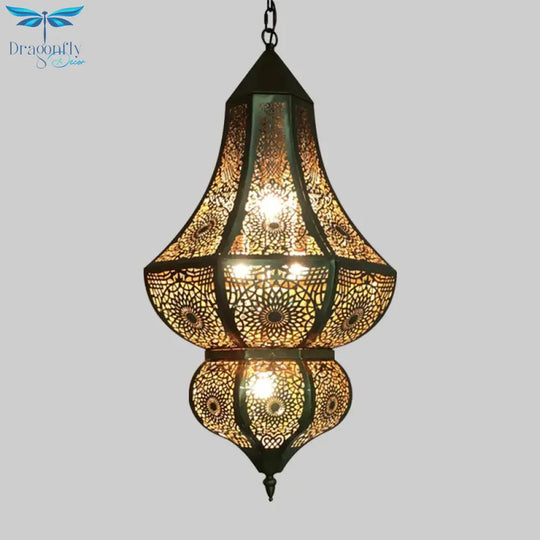 5 Lights Urn Pendant Chandelier Vintage Brass Metal Arab Hanging Lamp With Hollow Out Design