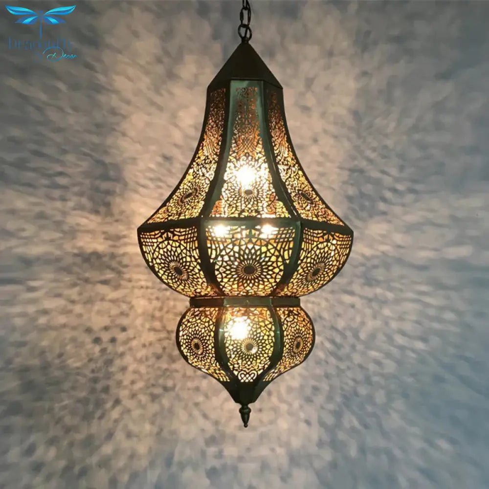 5 Lights Urn Pendant Chandelier Vintage Brass Metal Arab Hanging Lamp With Hollow Out Design