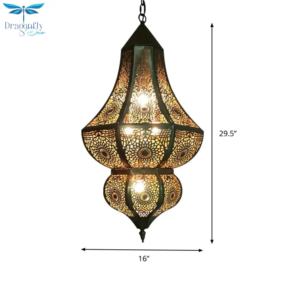 5 Lights Urn Pendant Chandelier Vintage Brass Metal Arab Hanging Lamp With Hollow Out Design