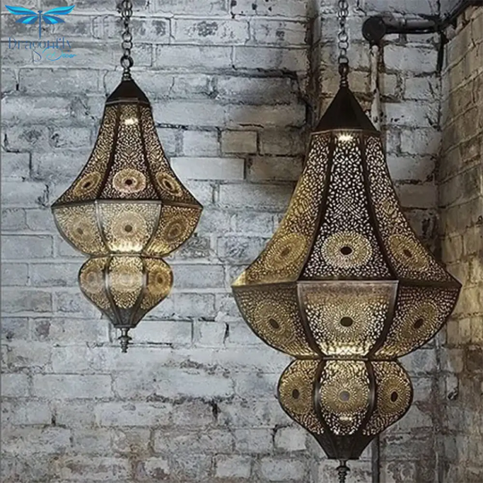 5 Lights Urn Pendant Chandelier Vintage Brass Metal Arab Hanging Lamp With Hollow Out Design