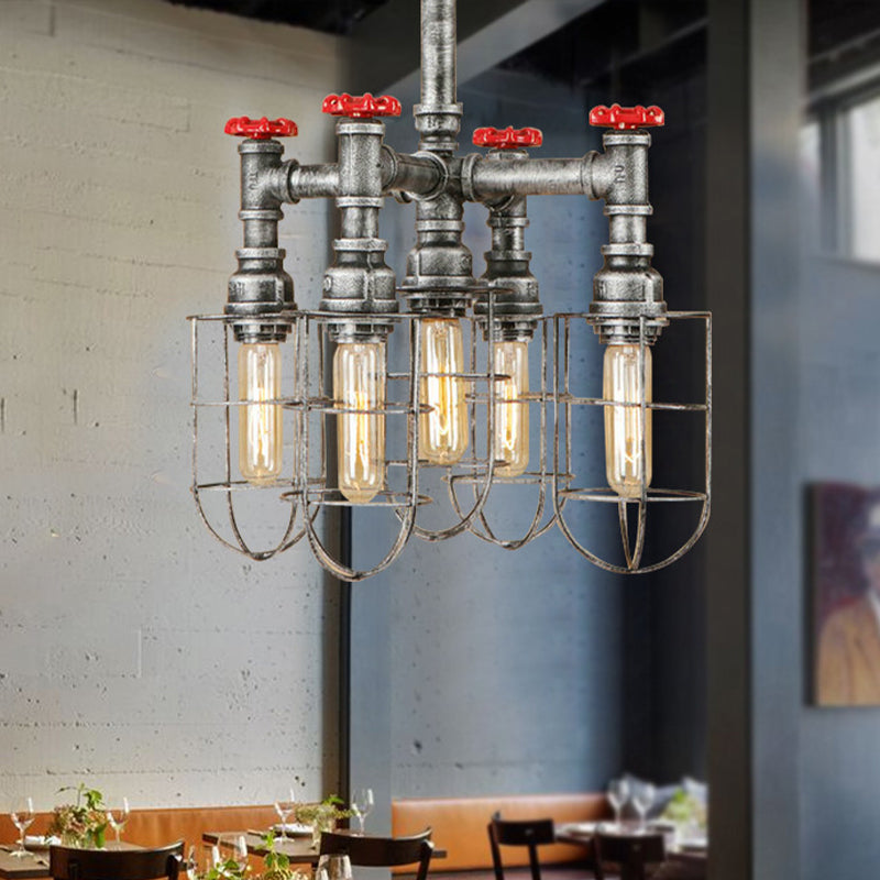 Bailey - Silver 5 - Head Hanging Lighting Chandelier Pendant With Cage