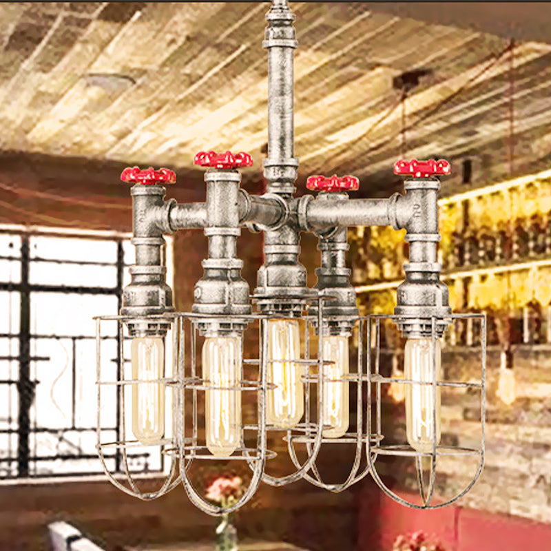 Bailey - Silver 5 - Head Hanging Lighting Chandelier Pendant With Cage