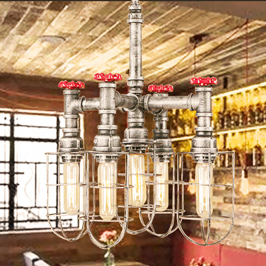 Bailey - Silver 5 - Head Hanging Lighting Chandelier Pendant With Cage