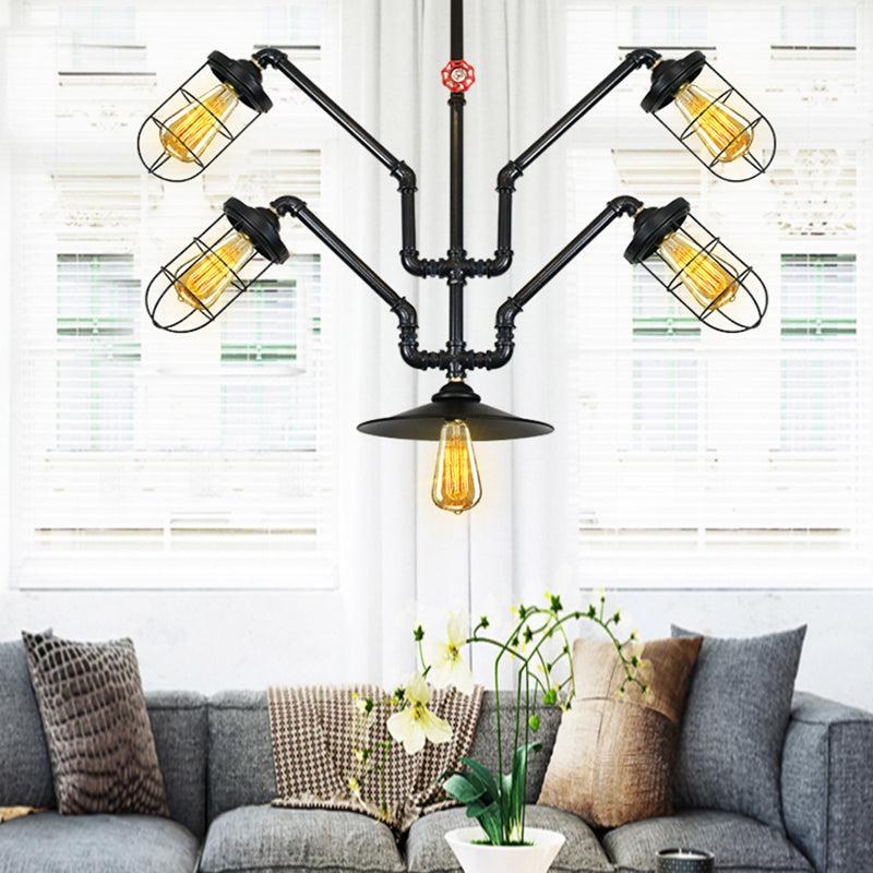 Inã¨s - Abstract Pipe Living Room Pendant Vintage Metallic 5 - Light Black Hanging Chandelier