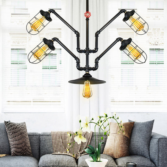 Inã¨s - Abstract Pipe Living Room Pendant Vintage Metallic 5 - Light Black Hanging Chandelier